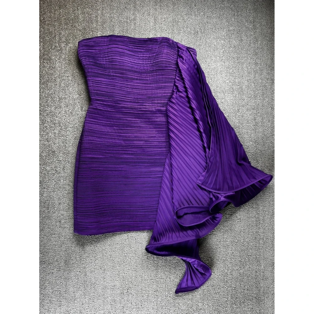 AMUR Dress Womens 4 Purple Kayleigh Mini Strapless Pleated‎ Side Ruffle